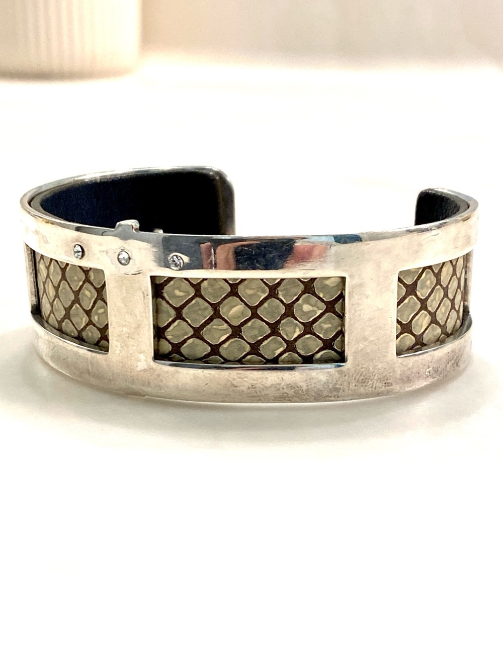 Brighton Wide Silver-Plated Cuff Bracelet Python Snakeskin Rhinestone Window 
